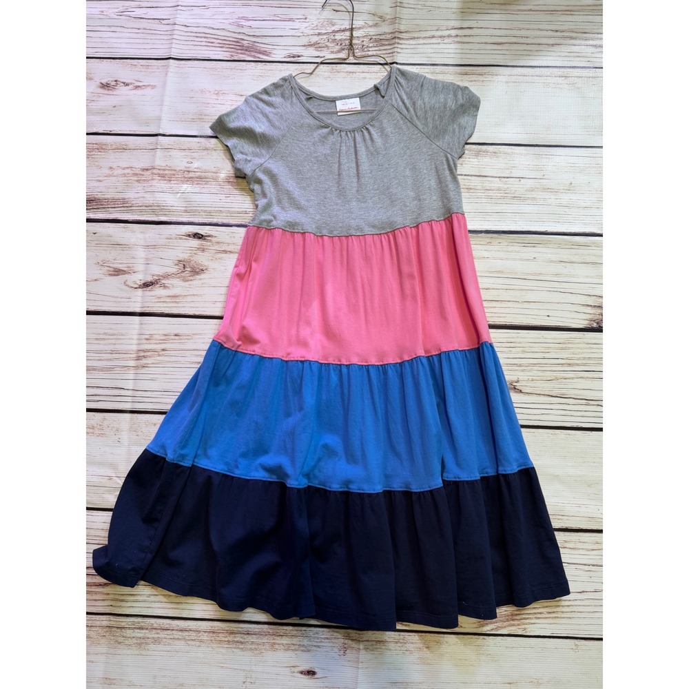 Hanna Andersson Girls Tiered Colorblock Maxi Dress Grey Pink Blue Navy Size 10